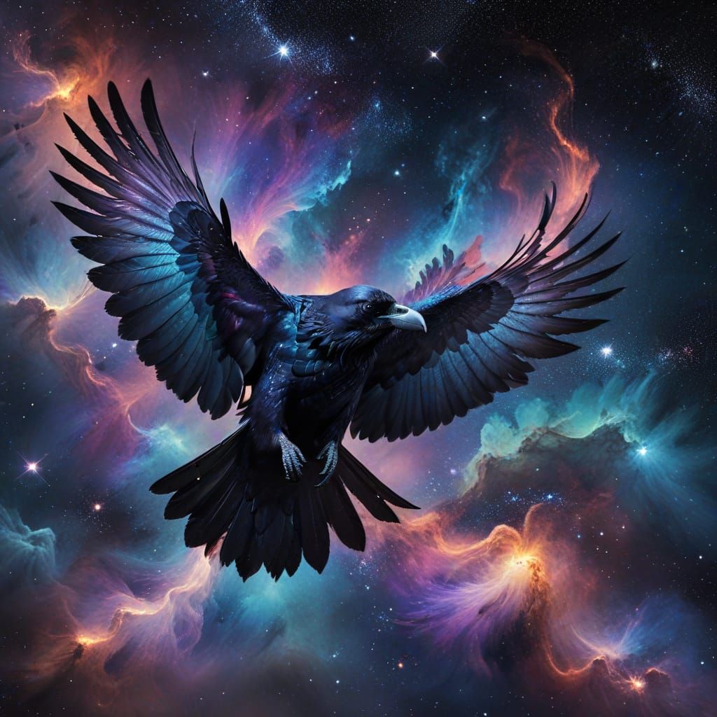 Ethereal Raven Soaring Through a Cosmic Nebula