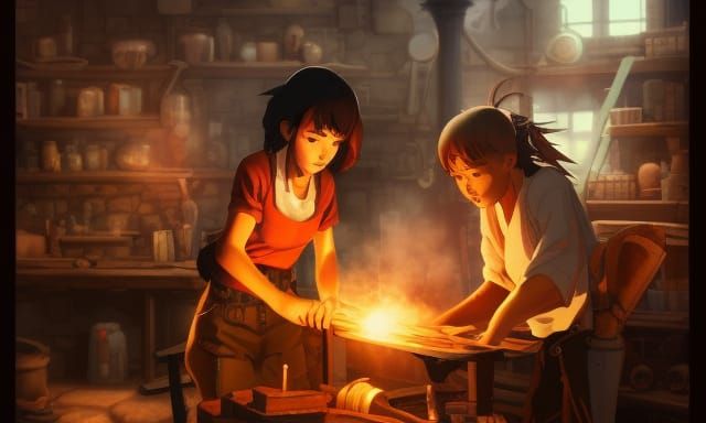 Fantasy Steampunk Blacksmith Shop in Anime Style