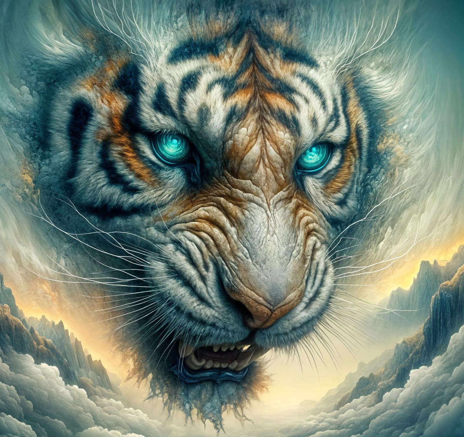 Realistic Tiger Head with Turquoise Eyes