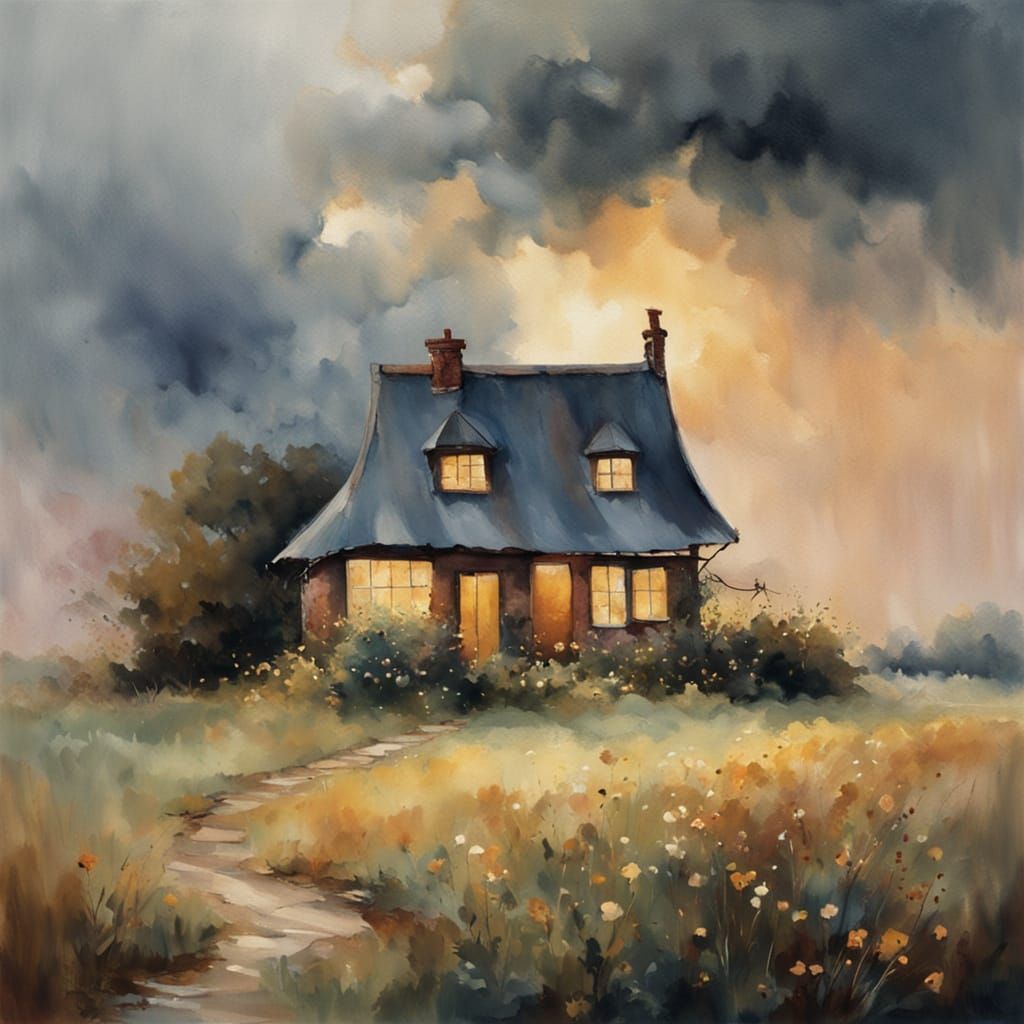 Impressionist Stormy Landscape with Cottage