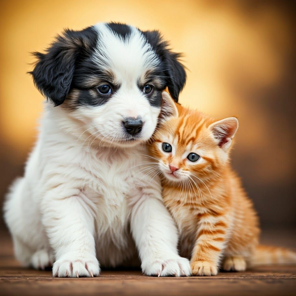 Playful Feline and Canine Friends in Warm Sunlit Scene