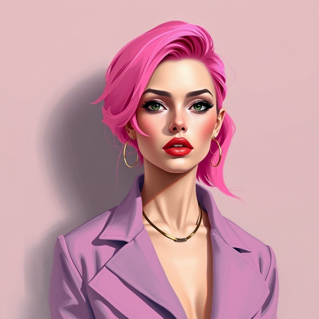 Vibrant Pink-Haired Woman in Digital Painting Style