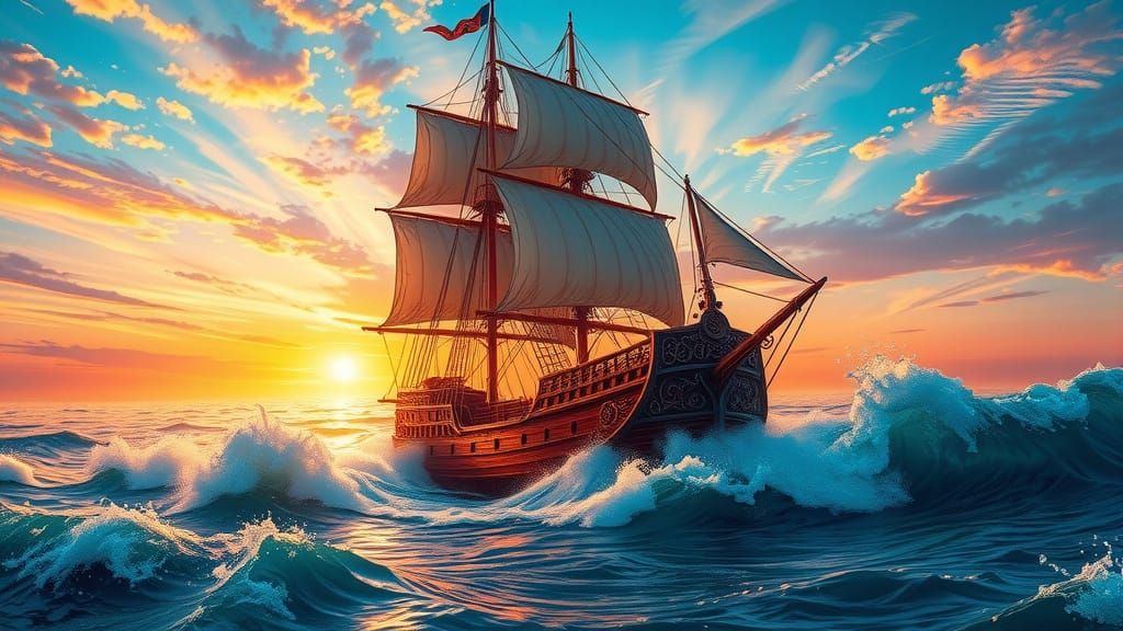 Majestic Sailing Ship in Sunset Splendor