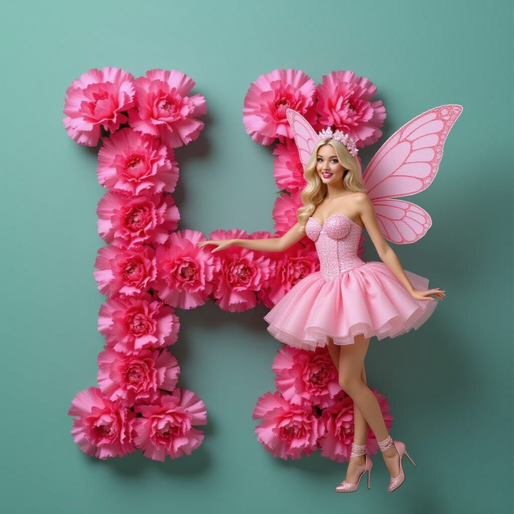 Pink Fairy Beside Carnation Letter H