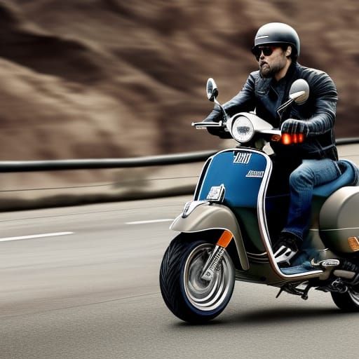 Sons of Anarchy, Actor Charlie Hunnam, No Helmet with sunglasses on Vespa Scooter Hyperrealistic, splash art, concept ar...