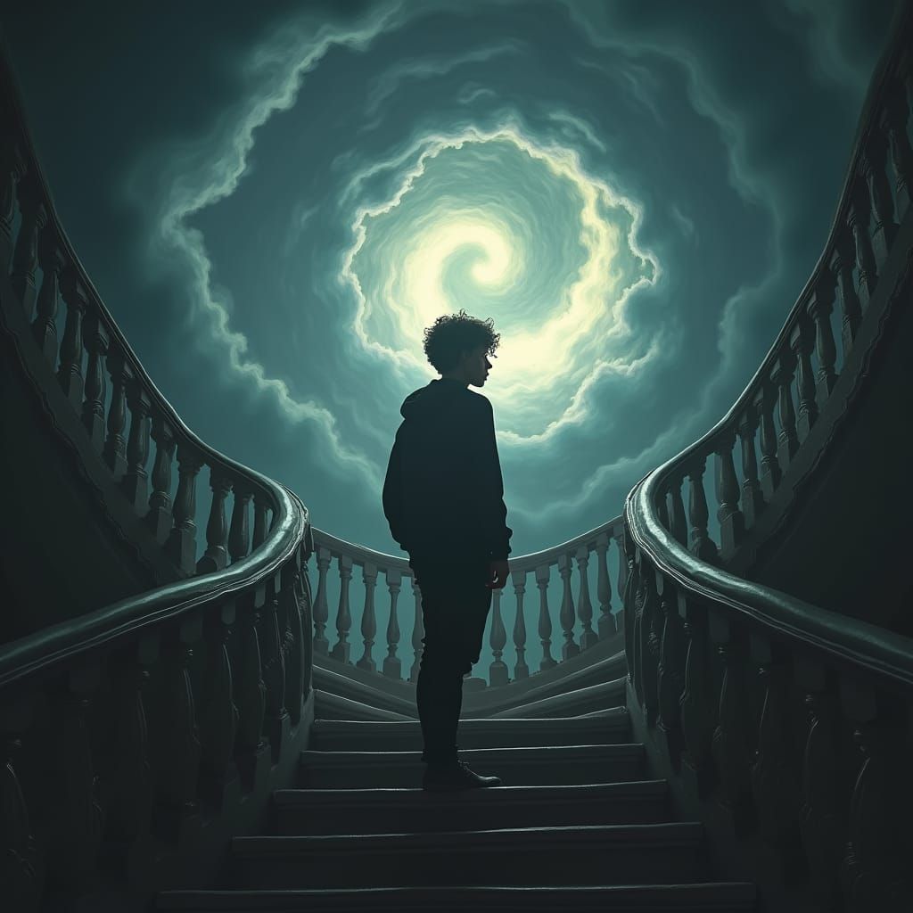 Anxious Student in Stormy Digital Painting Style