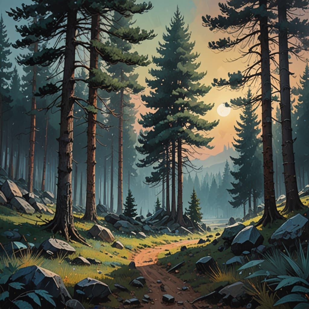 Iridescent Crystal Pine Forest at Dusk in Watercolor