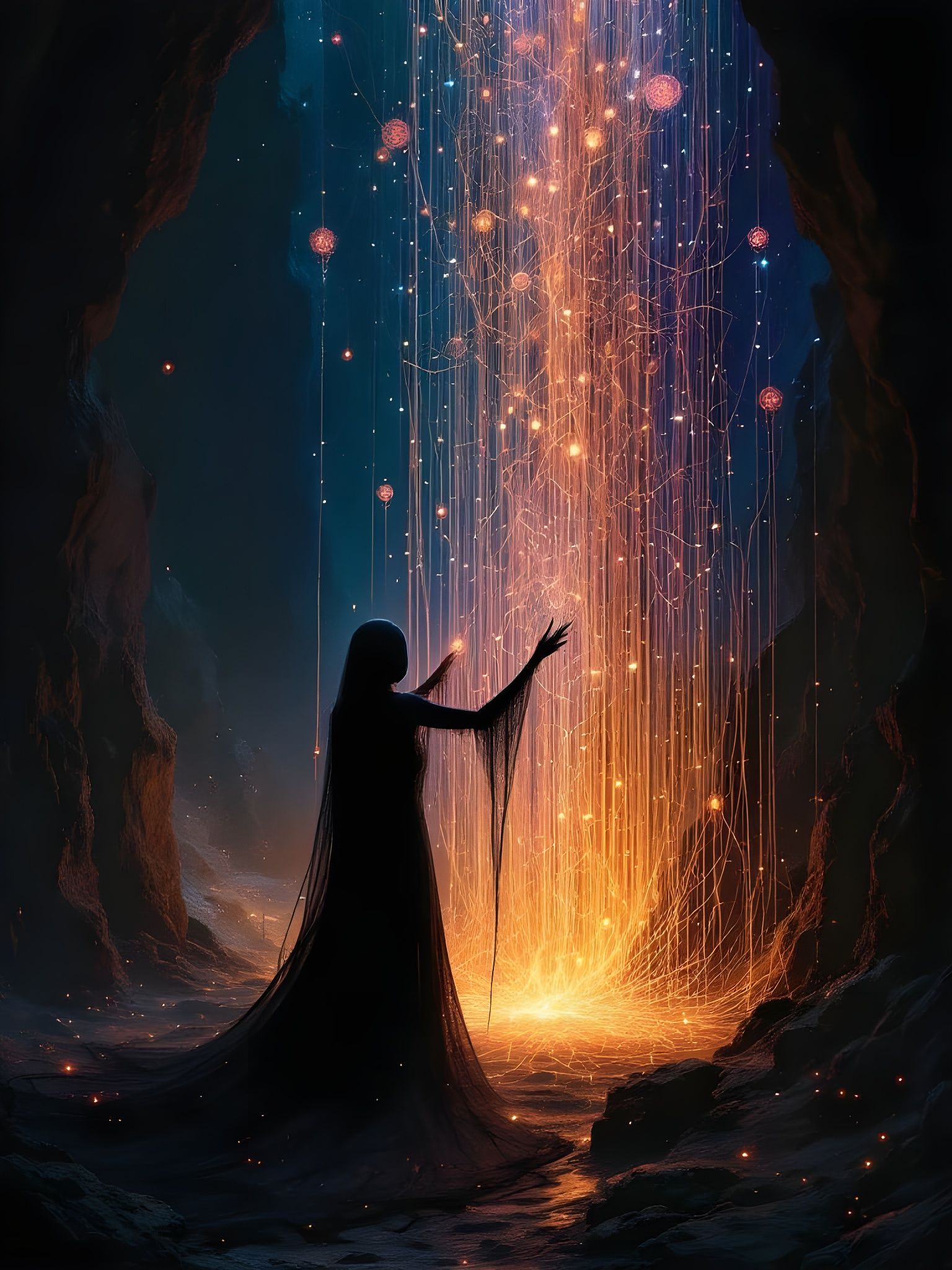 Ethereal Shadow Weaver Creates Glowing Tapestry in Dark Lair