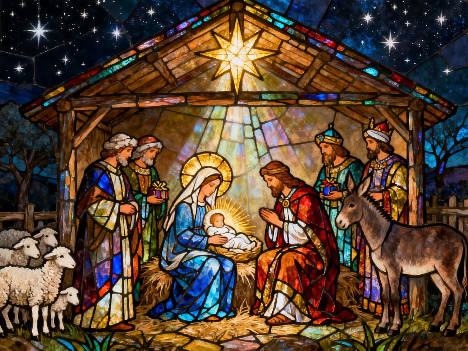 Nativity Scene in Luminous Stained Glass Style