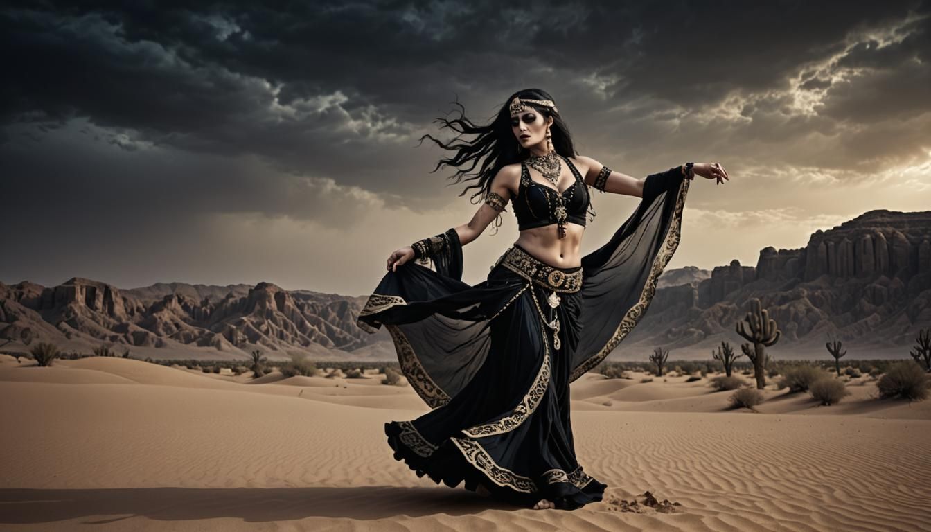 Mourning Gothic Belly Dancer in Desert Landscape