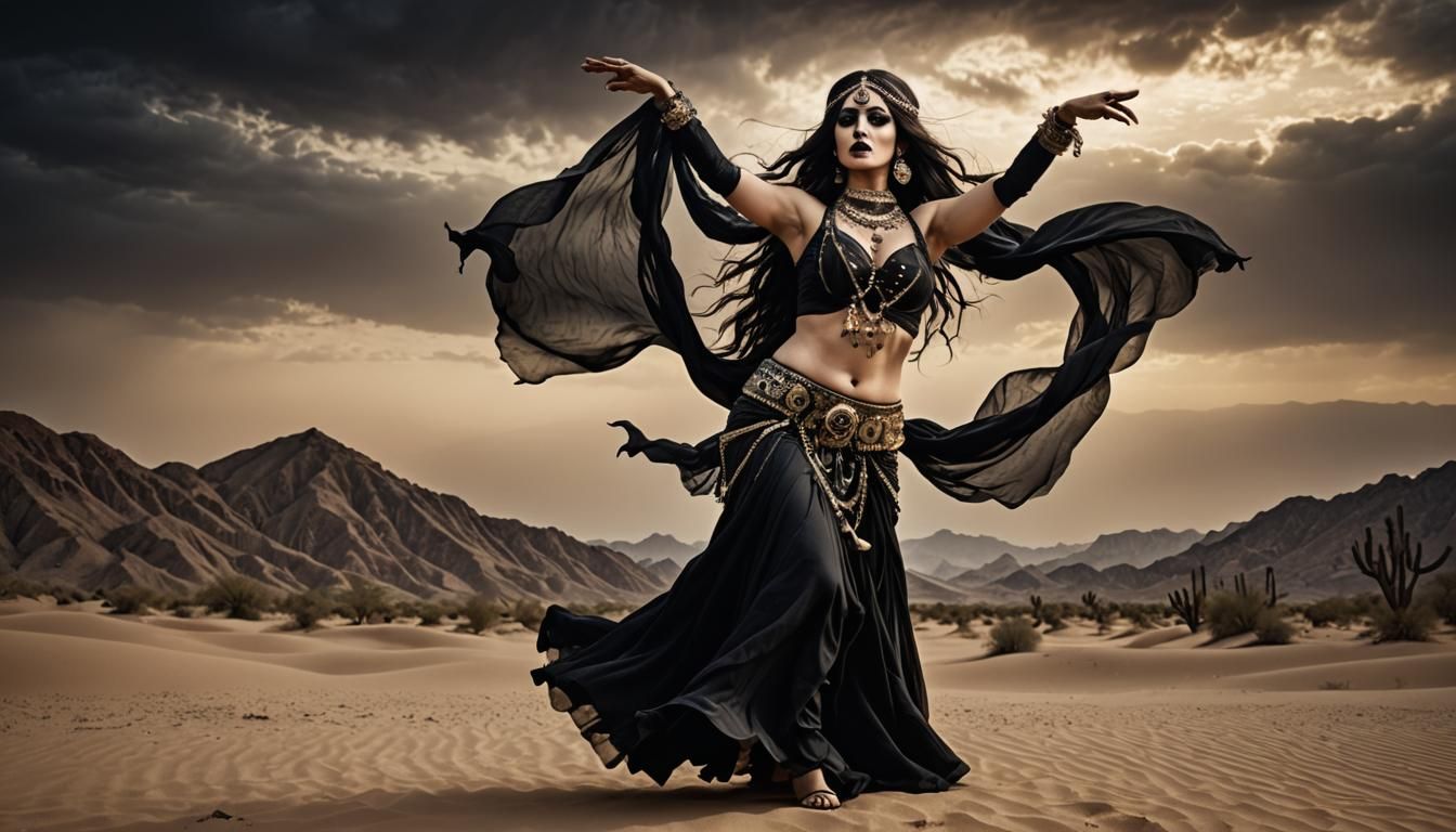 Mourning Gothic Belly Dancer in Desert Landscape
