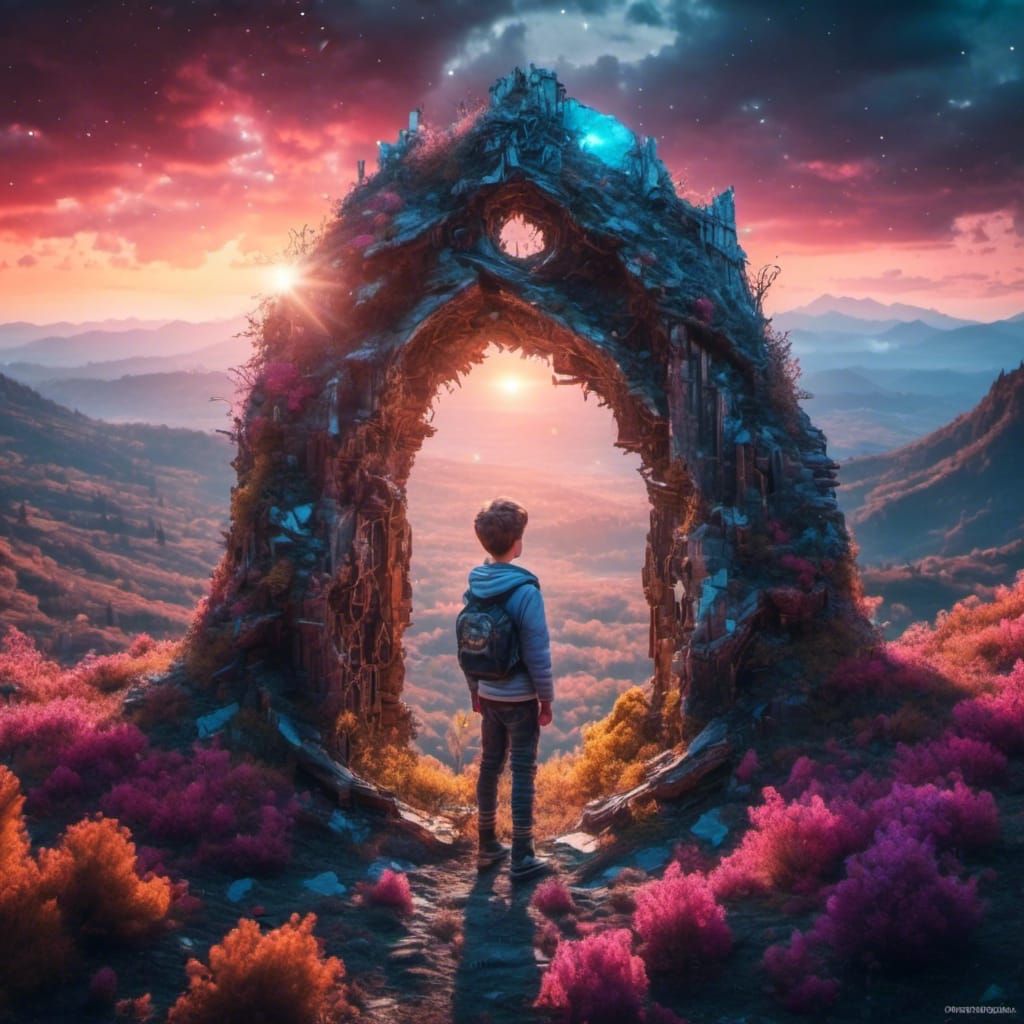 Boy Gazing Through Portal into Meadow