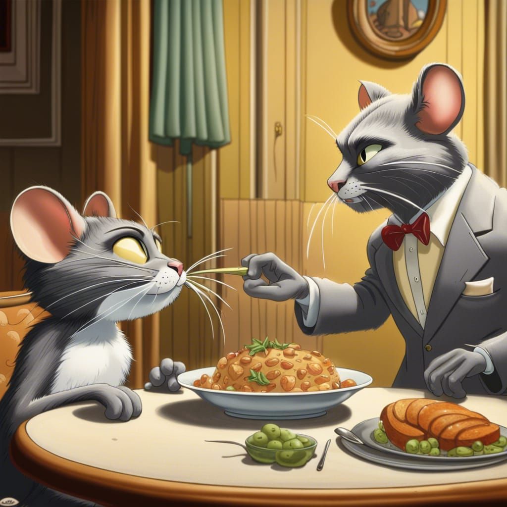 Hyperrealistic Tom and Jerry Dinner Confrontation