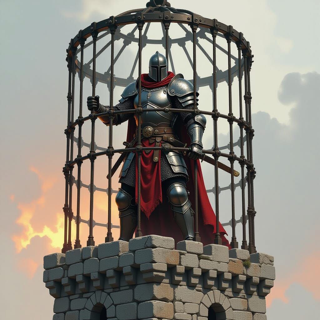 Armored Warrior on Ancient Tower in Dramatic Style