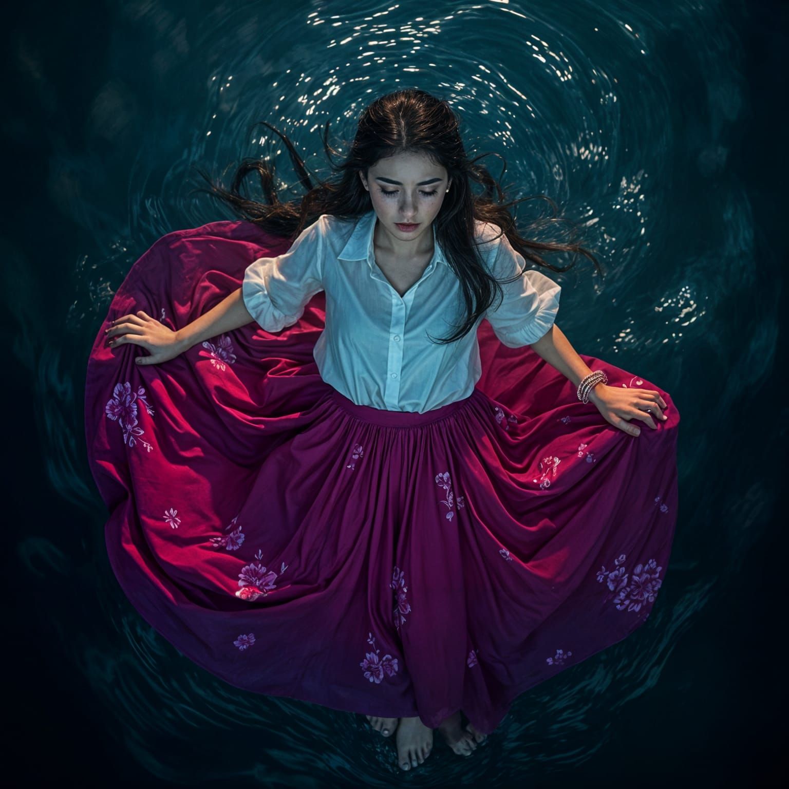 Dreamlike Woman Swimming in a Glowing Ocean