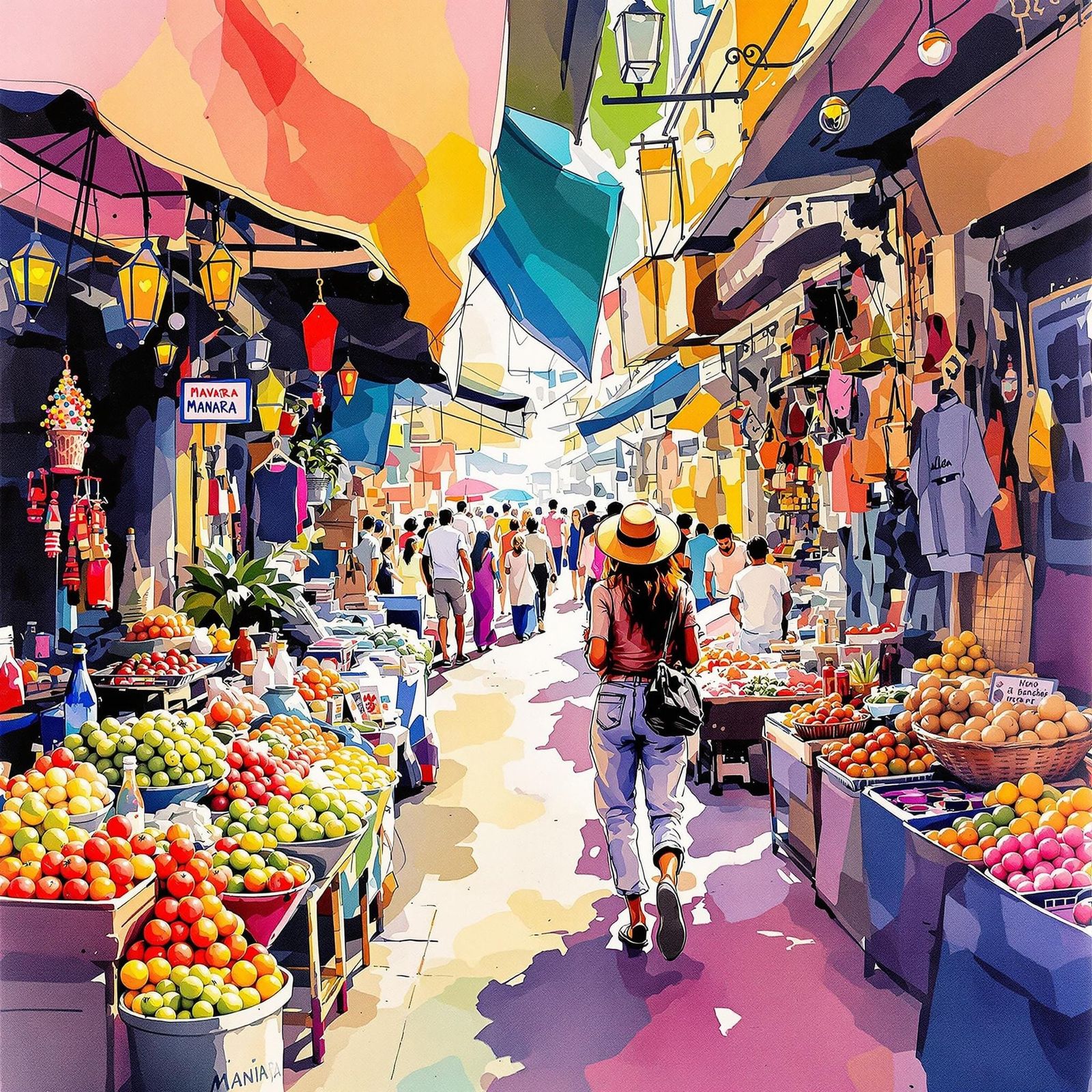 Exotic Market Scene in Whimsical Watercolor
