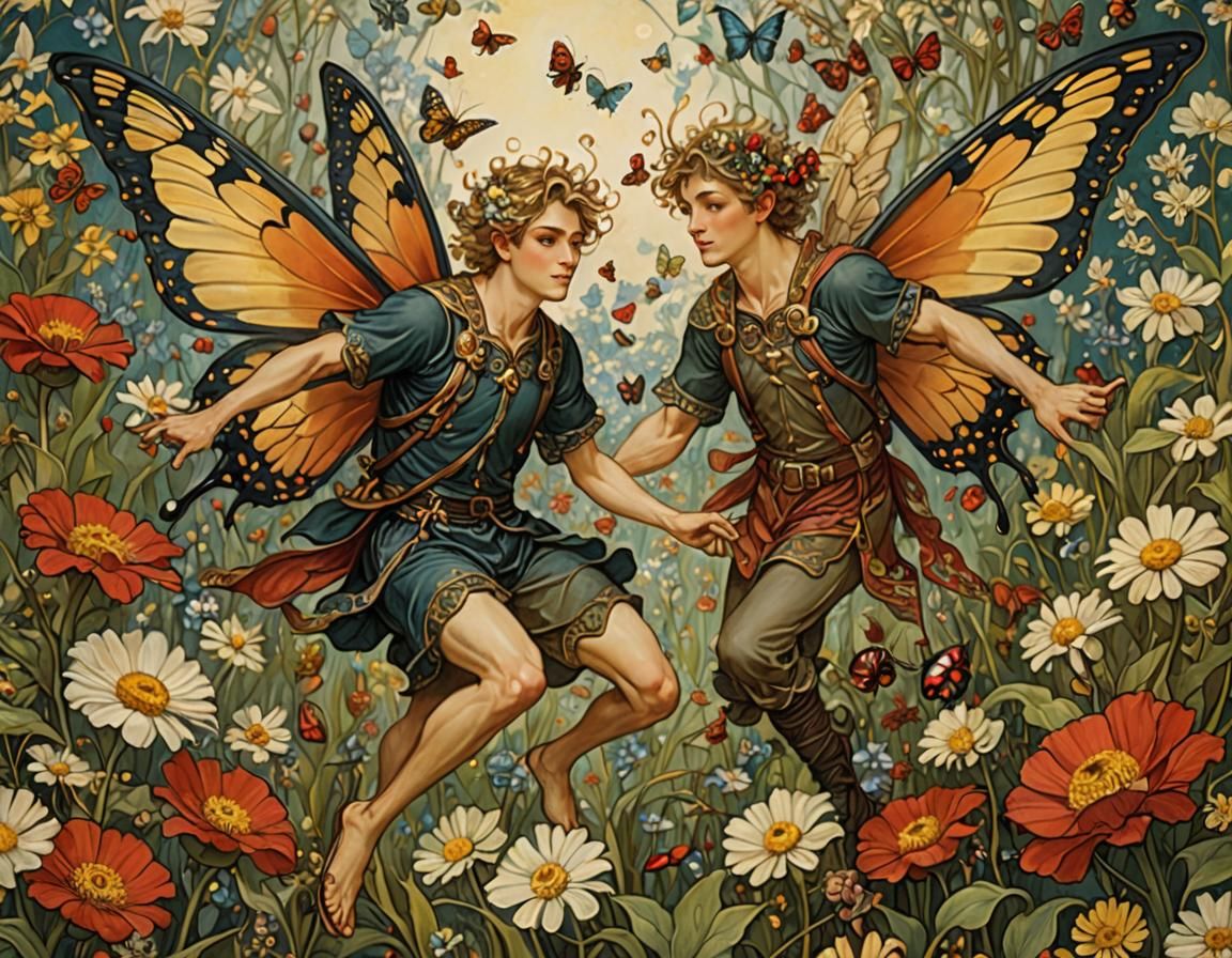 Fairies flying through the flowers,