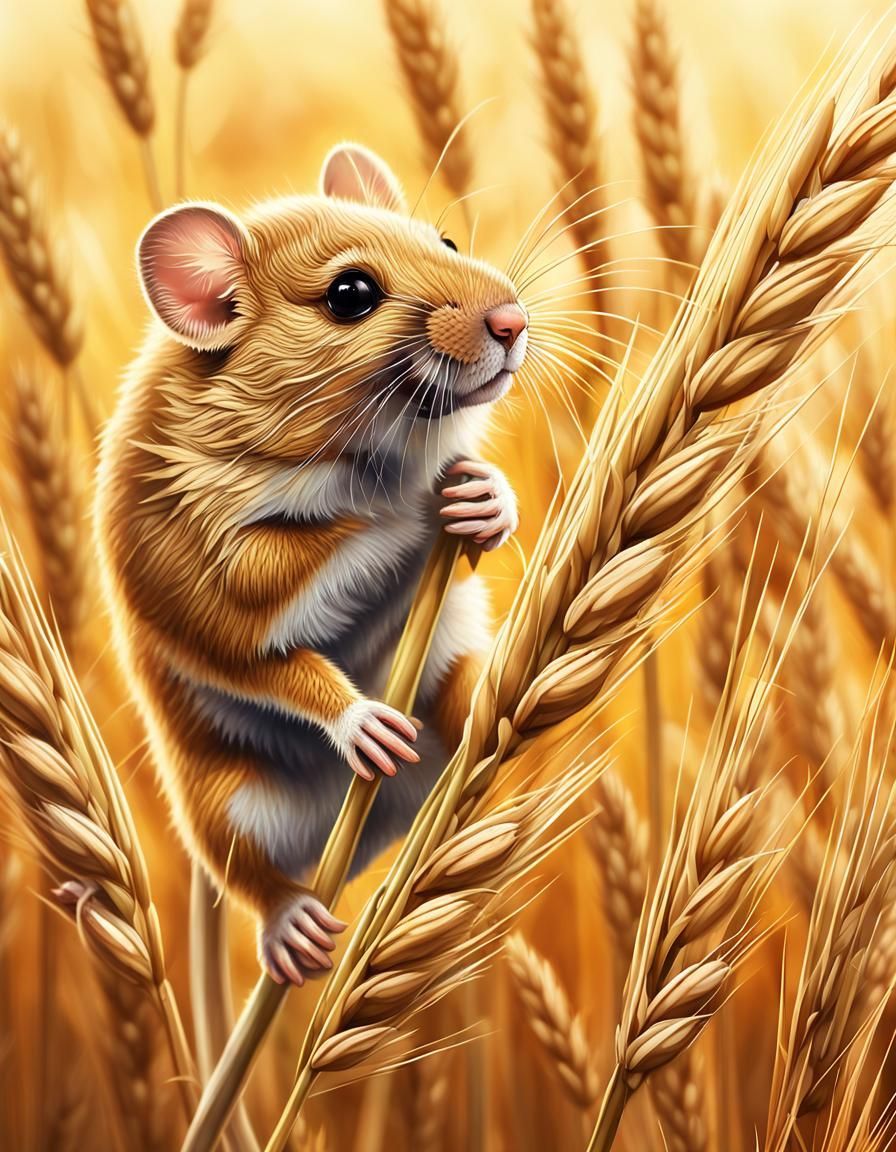 Harvest Mouse Climbing Wheat Stem: Hyperrealistic Illustrati...