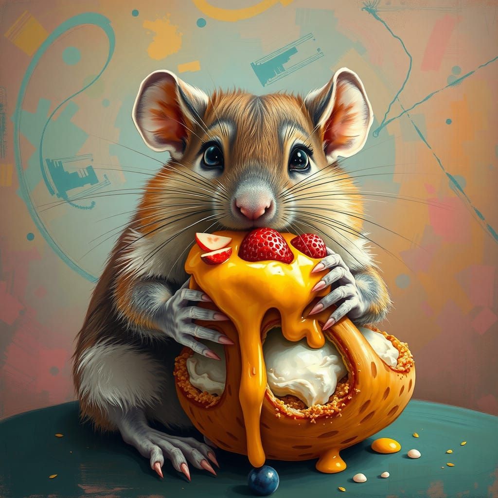 Vibrant Pastel Portrayal of a Rodent's Guilty Delight