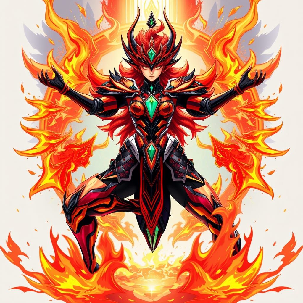 Surreal Anime Heroine in Powerful Yoga Pose Amidst Blazing F...