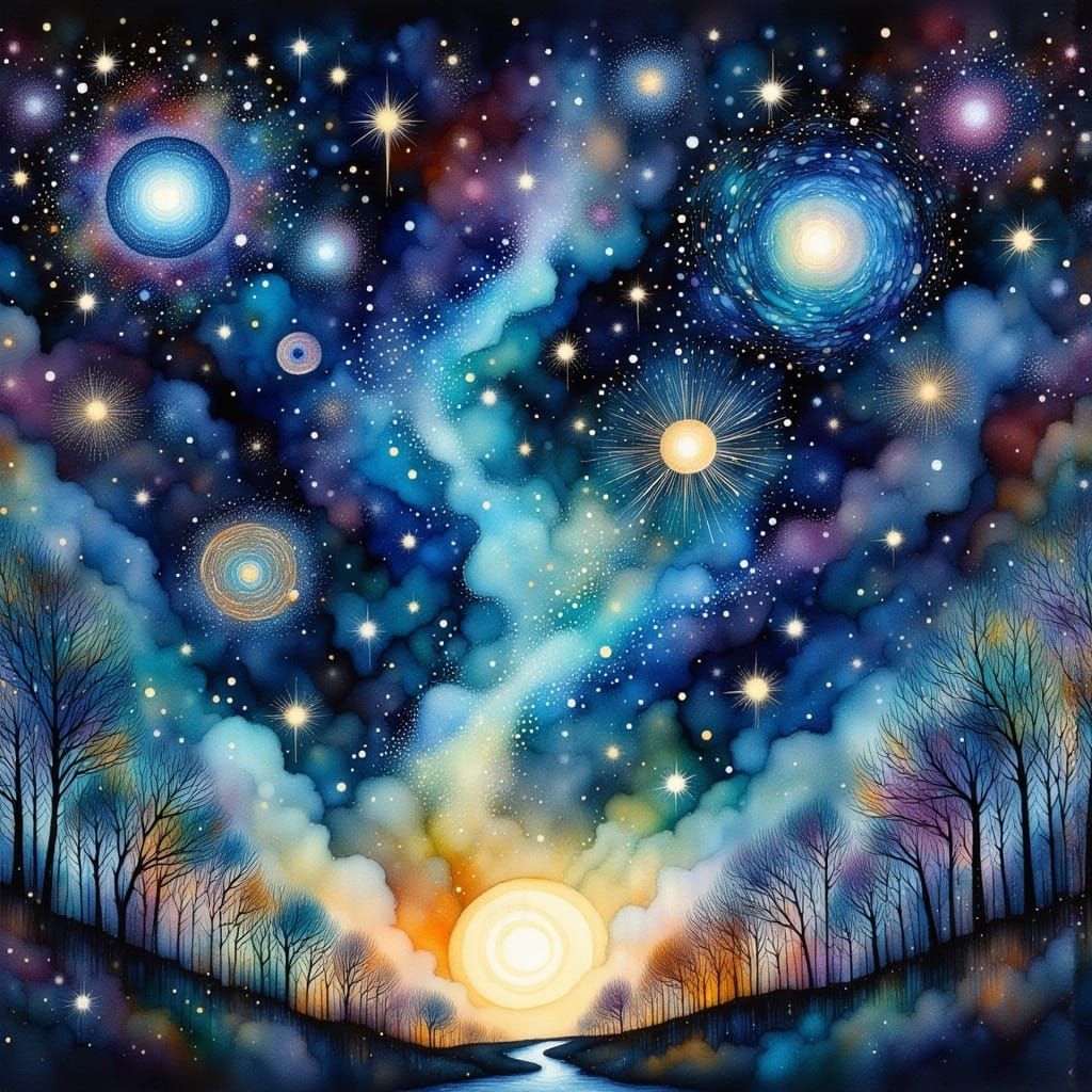 Cosmic Night Sky Portrait in Alcohol Ink Style
