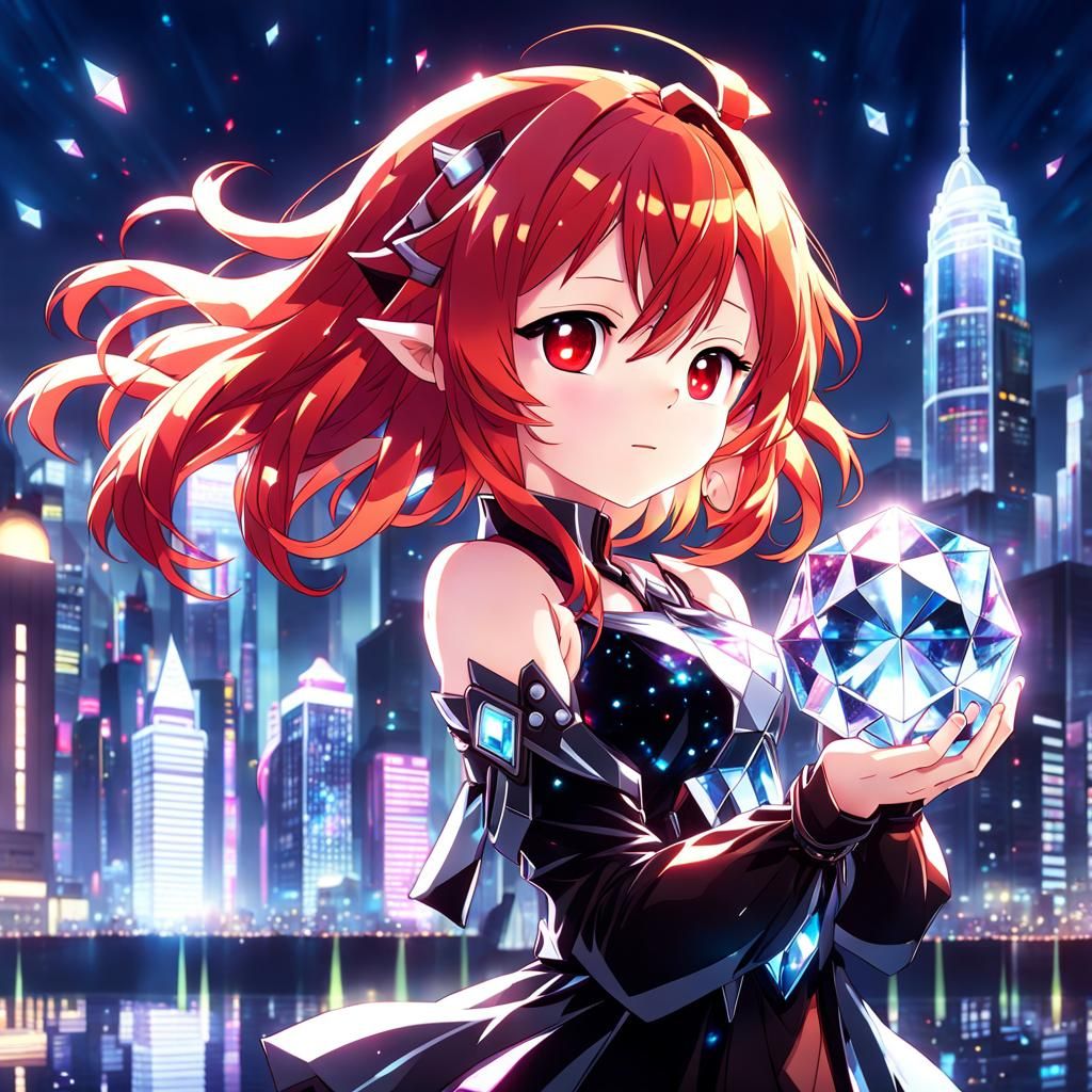 Anime Crystal Girl with Red Hair in Cityscape