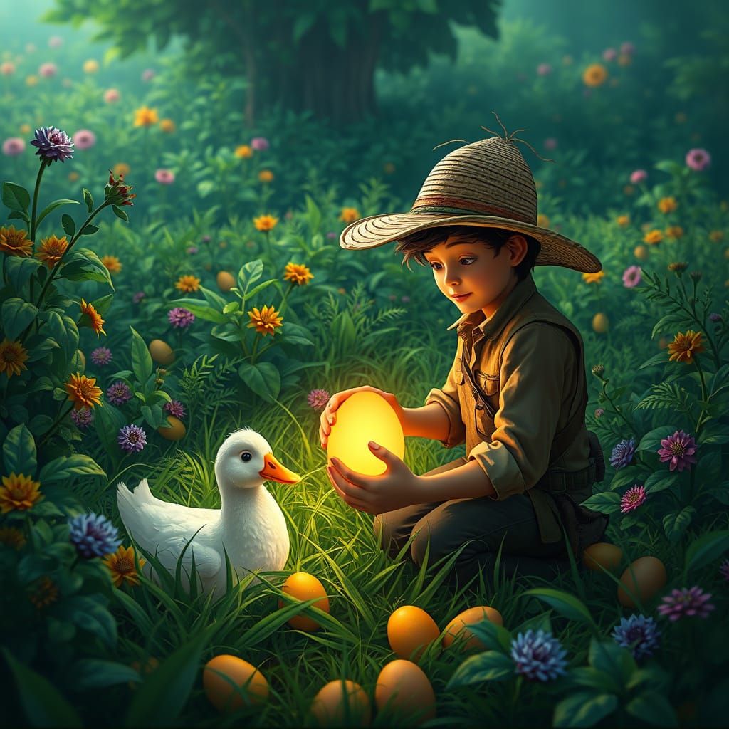 Radiant Eggs on Mystical Farm, Matte Painting Style