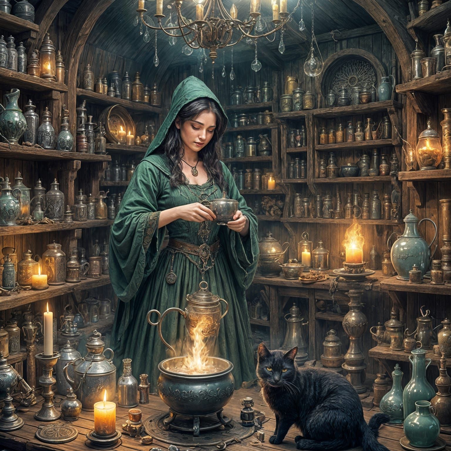 Fantasy Witch Brews Potion in Distant Kingdom