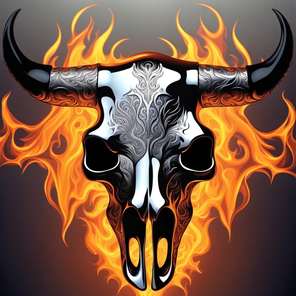 Chrome Bull Skull in Flames with 3D Shading