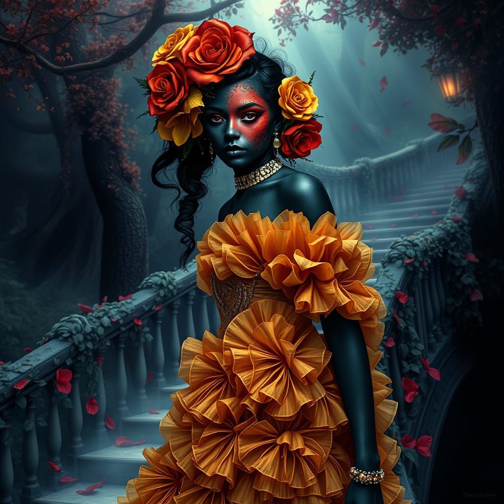 Goth Woman Embracing Dualities in a Whimsical Fantasy Forest