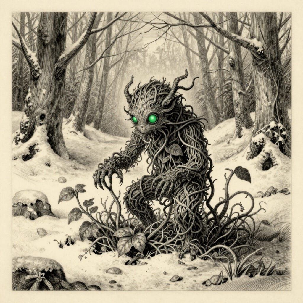 Plant Creature Mutating Forest in Charcoal Style