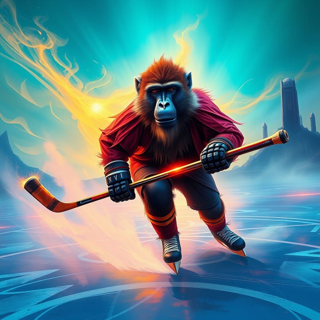 Futuristic Primate Hockey Champion in Vibrant Skies