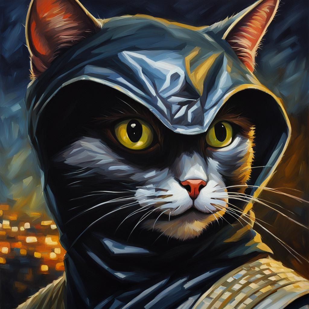 Ninja Cat Oil Painting at Night