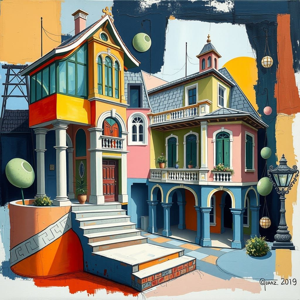 Surreal Cubist Home in Vibrant Gouache