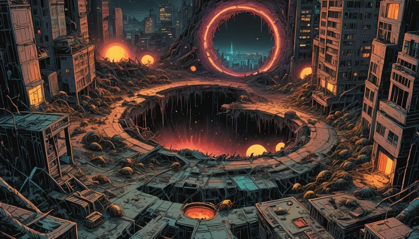 Beksiński-Inspired Comic Art with Neon Cityscape