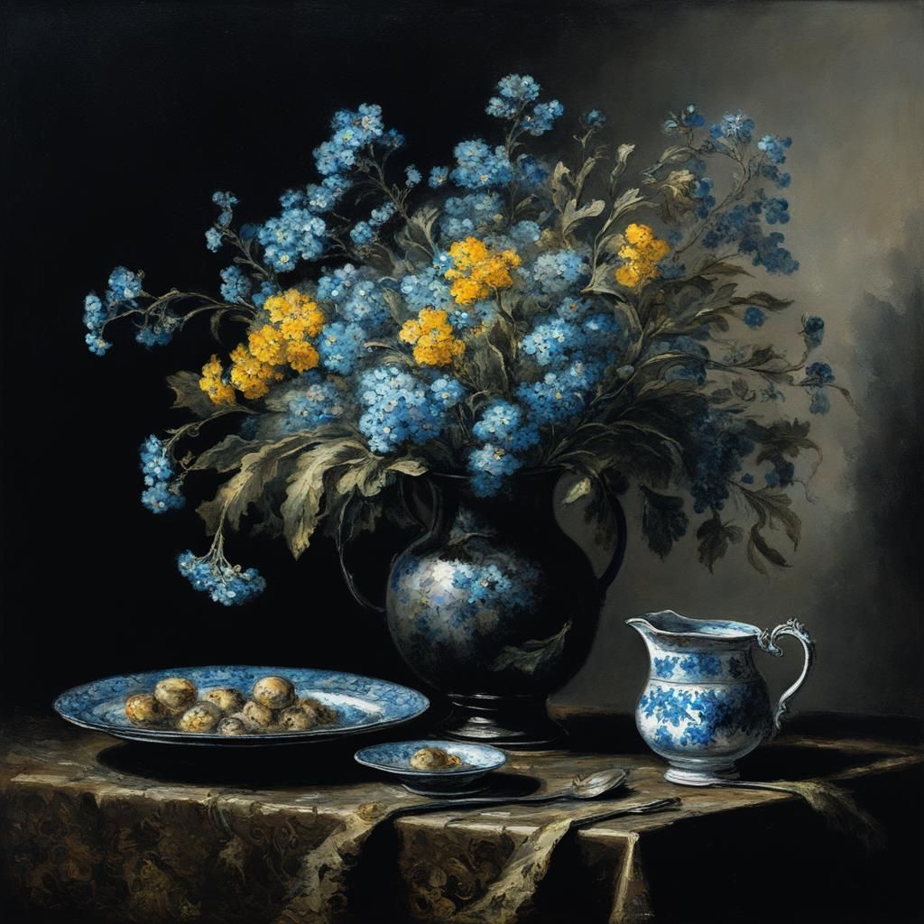 Forget-Me-Nots Still Life in Dark Living Room
