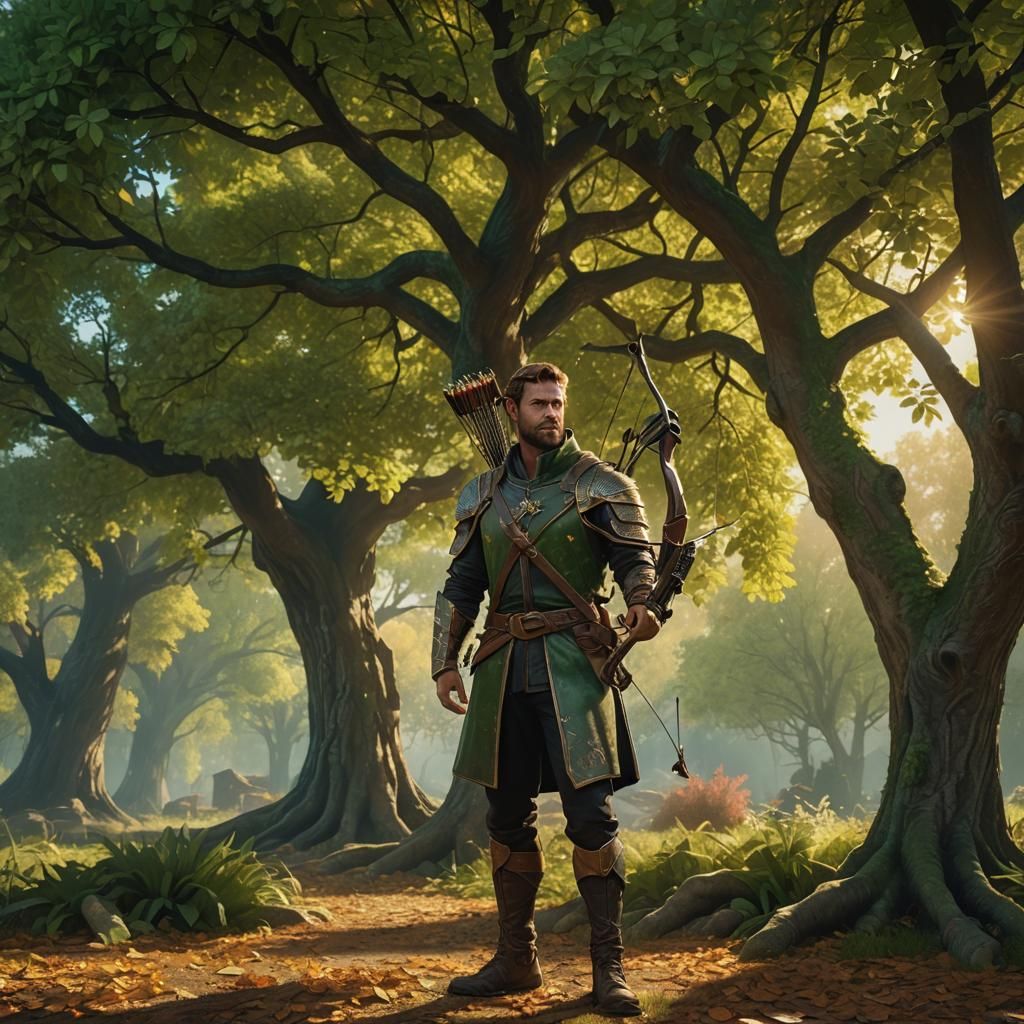 Man with Crossbow in Sunlit Forest