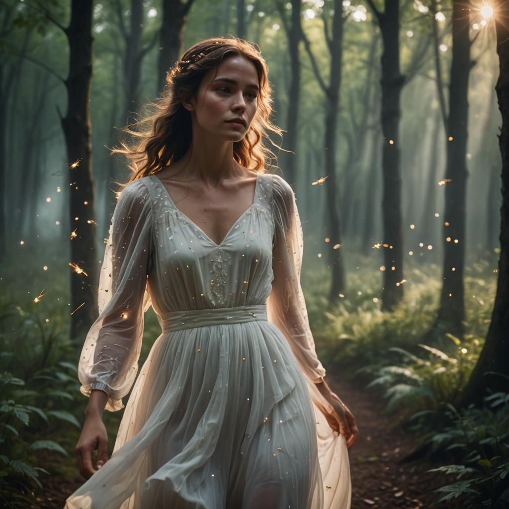 Woman Follows Fireflies in Mystical Moonlit Forest