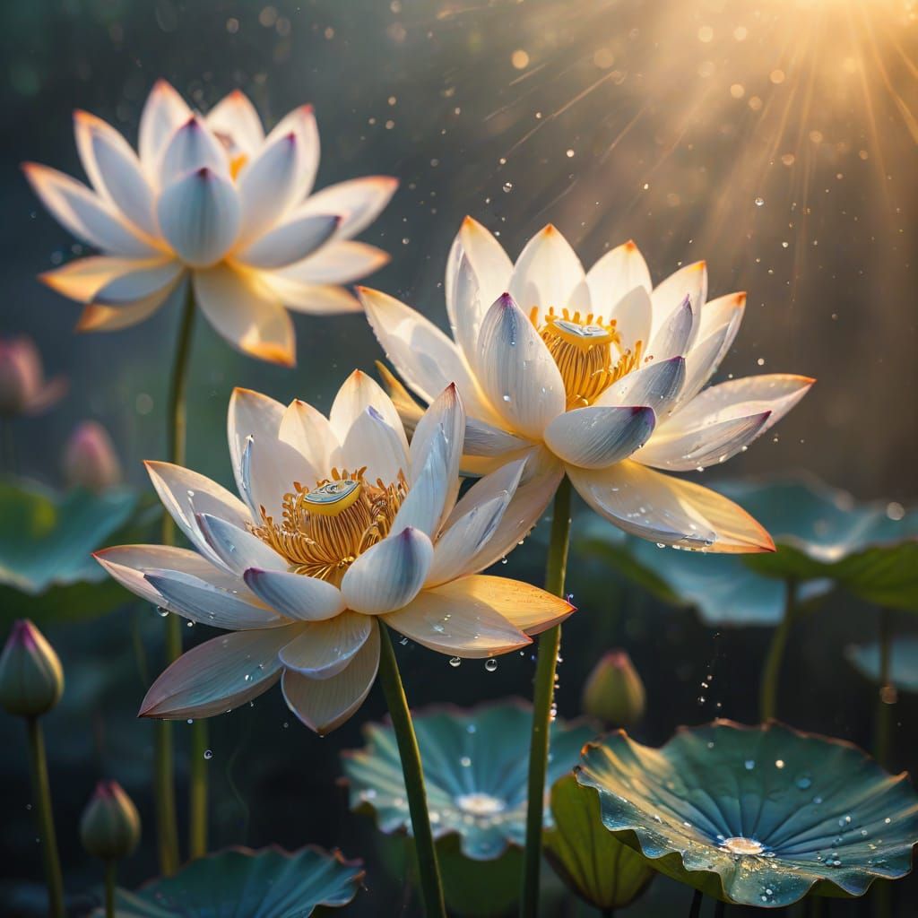 Whispering Water Lotus Blooms in Golden Light