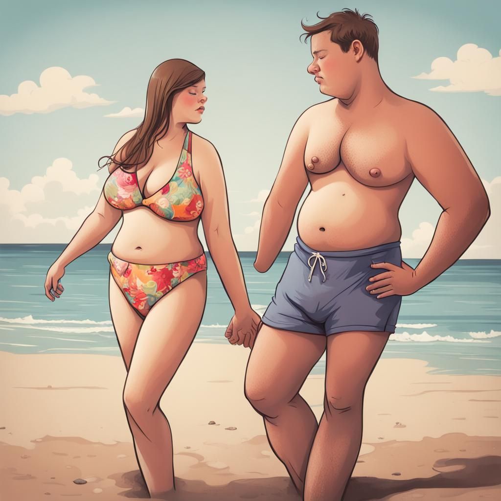Morbidly Obese Couple on Beach in Swimwear