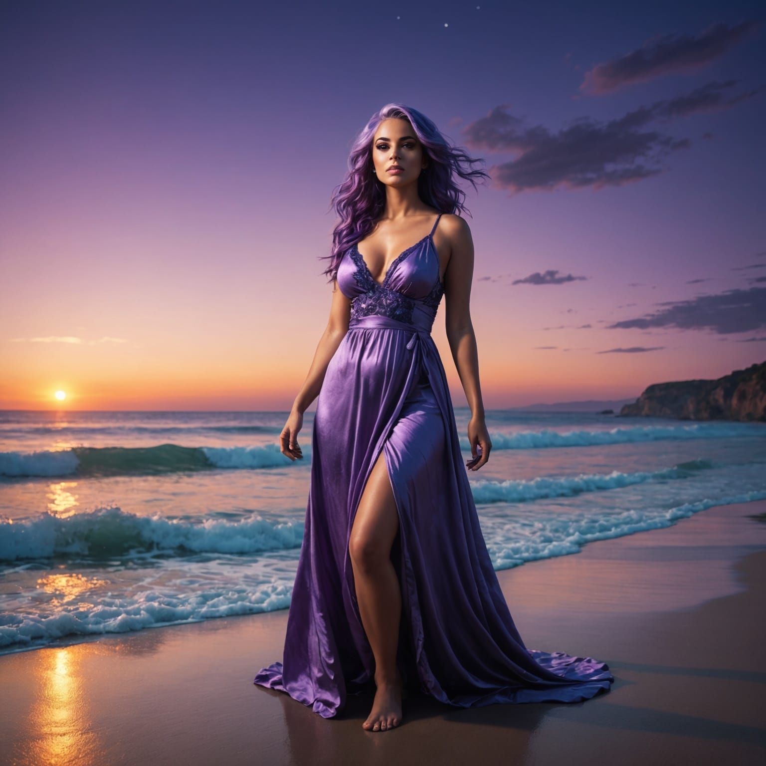 Twilight Beach: Beautiful Woman with Purple Hair