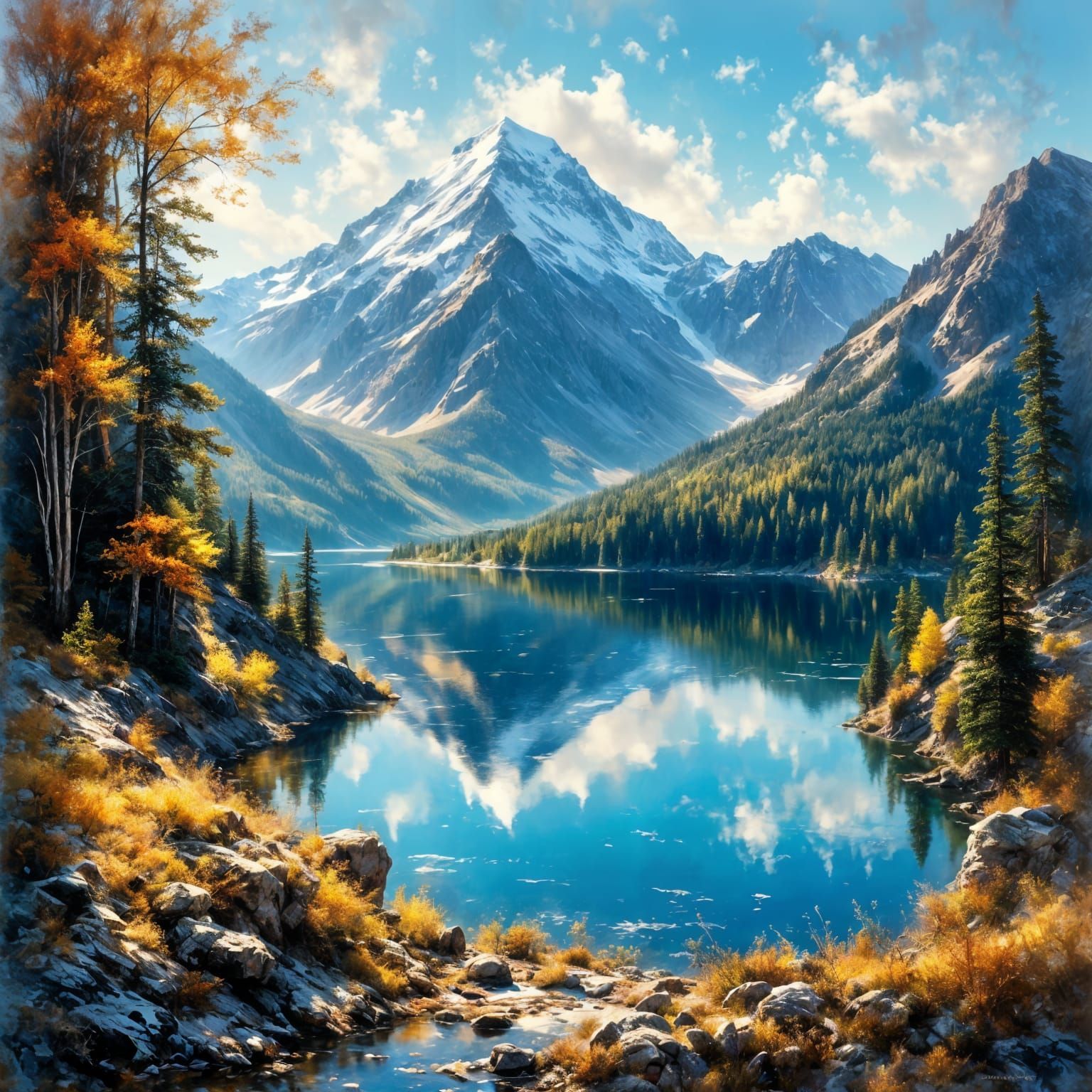 Crater Lake Oil Painting with Mountain Grandeur