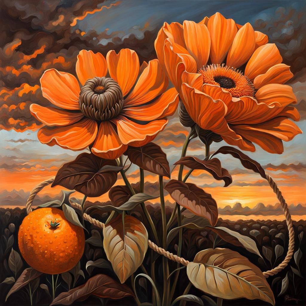 Giant Flower Scaled by Brownies, Fantasy Oil Painting