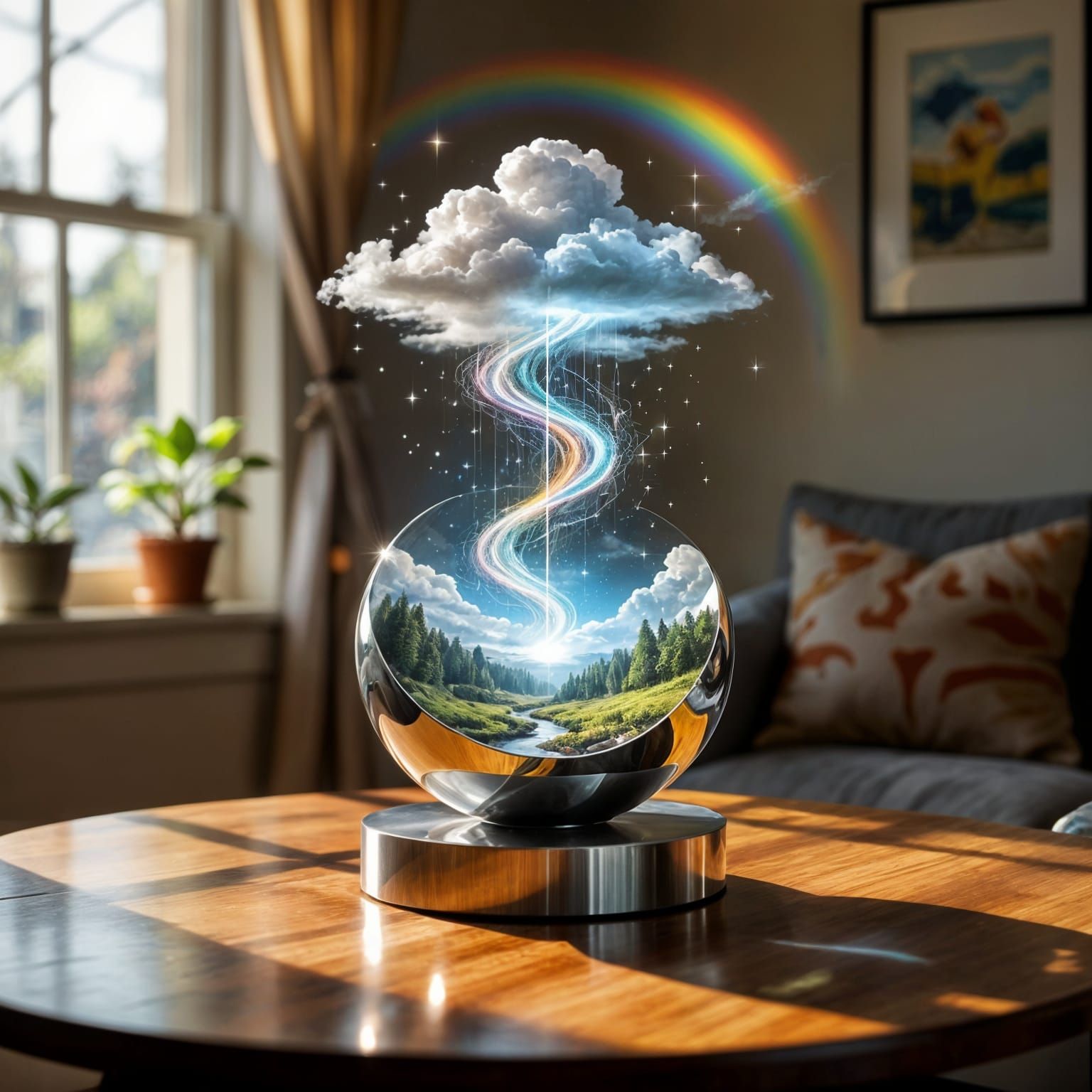 Surreal Sculpture in Cozy Room with Miniature Storm
