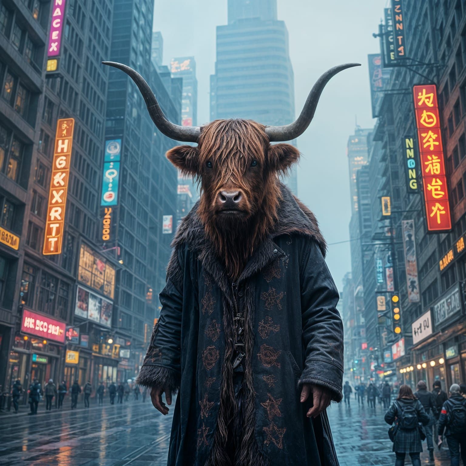 Cosmic Highland Cow Wizard in Cyberpunk Realism