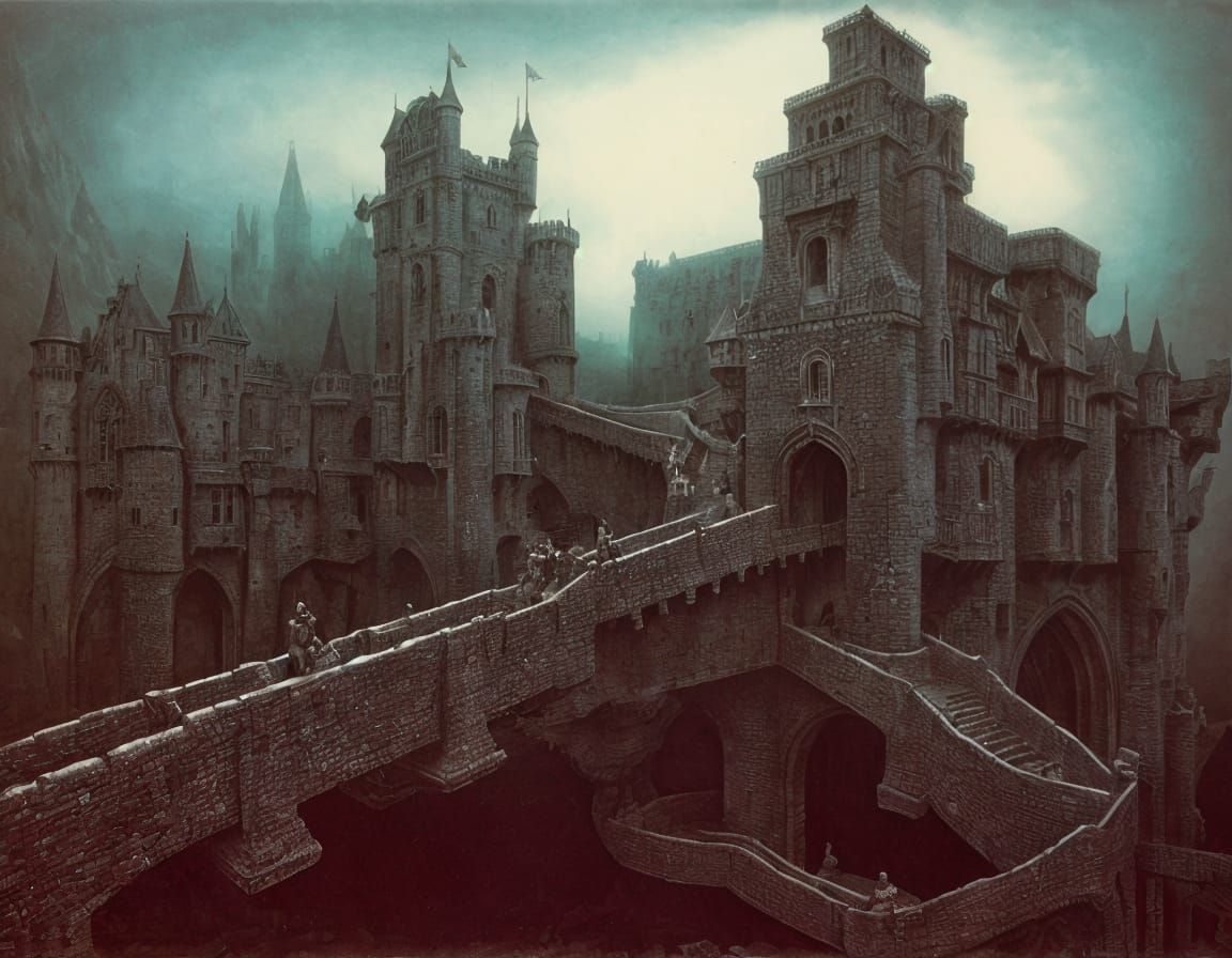 Surreal Castle with Drawbridges in Dreamlike Landscape