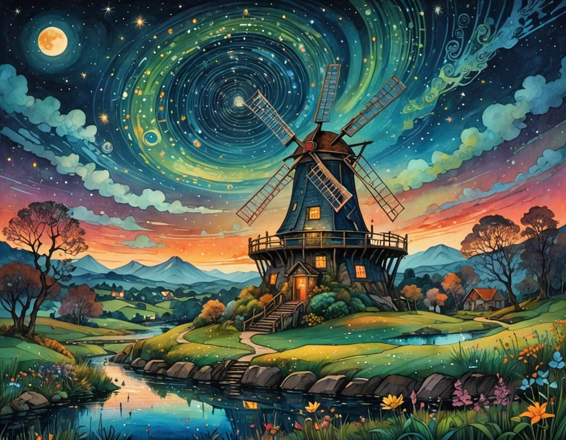 Whimsical Dutch Windmill Under Swirling Night Sky