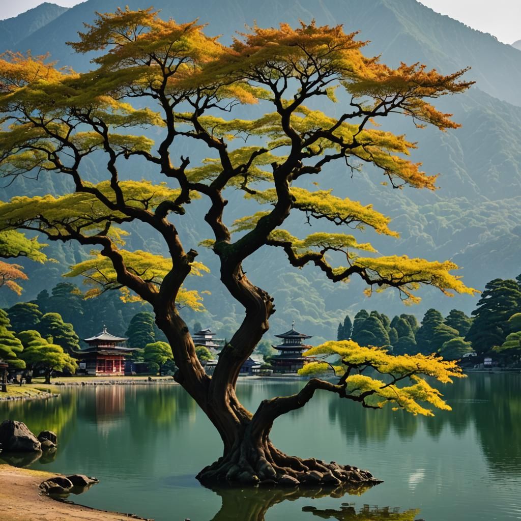 Ancient Chinar Tree by Lake with Temples