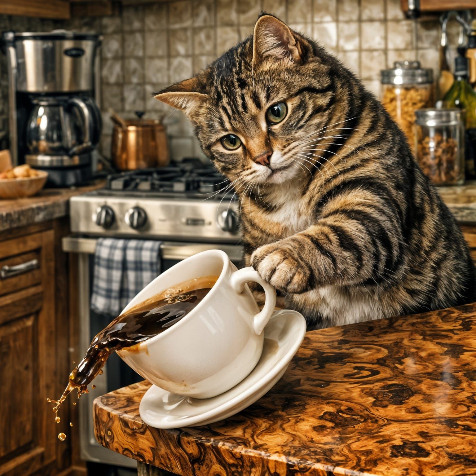 Tabby Cat Pushes Coffee Cup Off Table