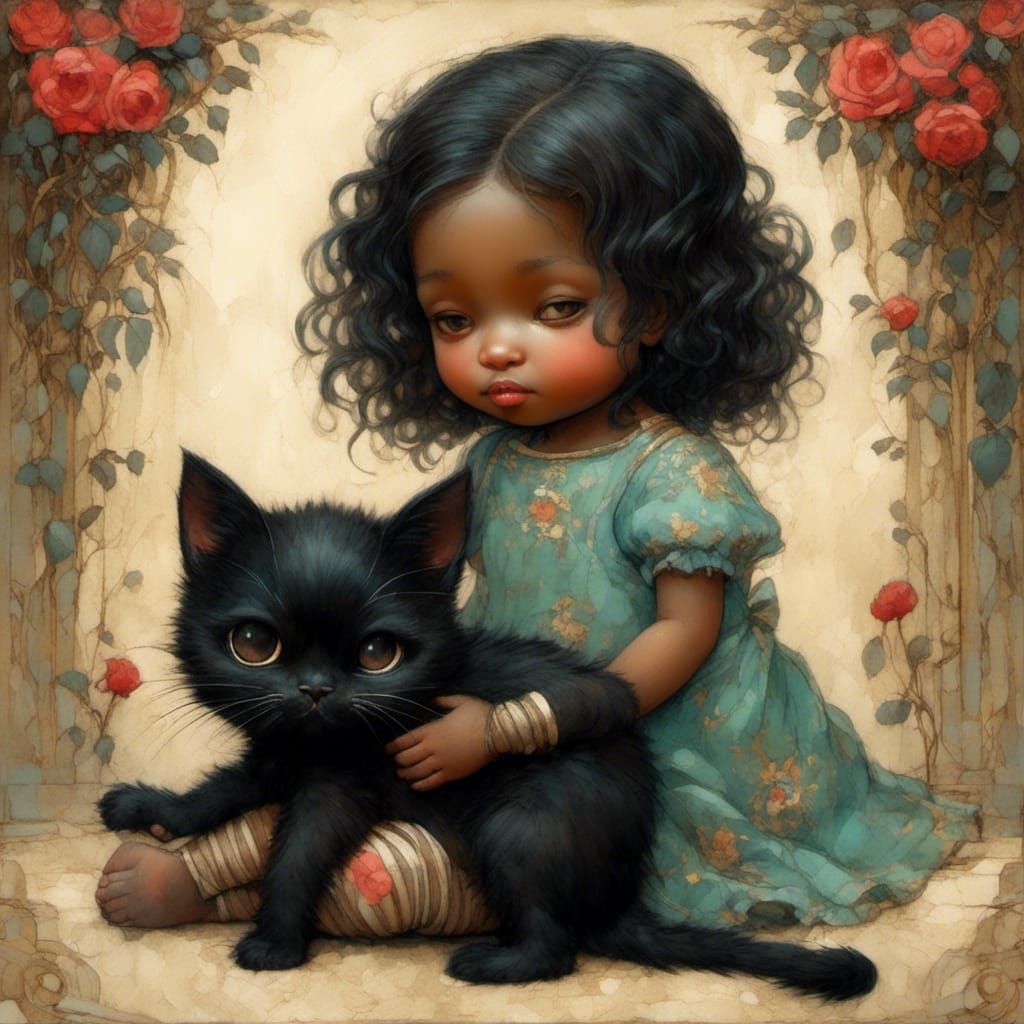Girl and Black Cat, Children's Book Illustration